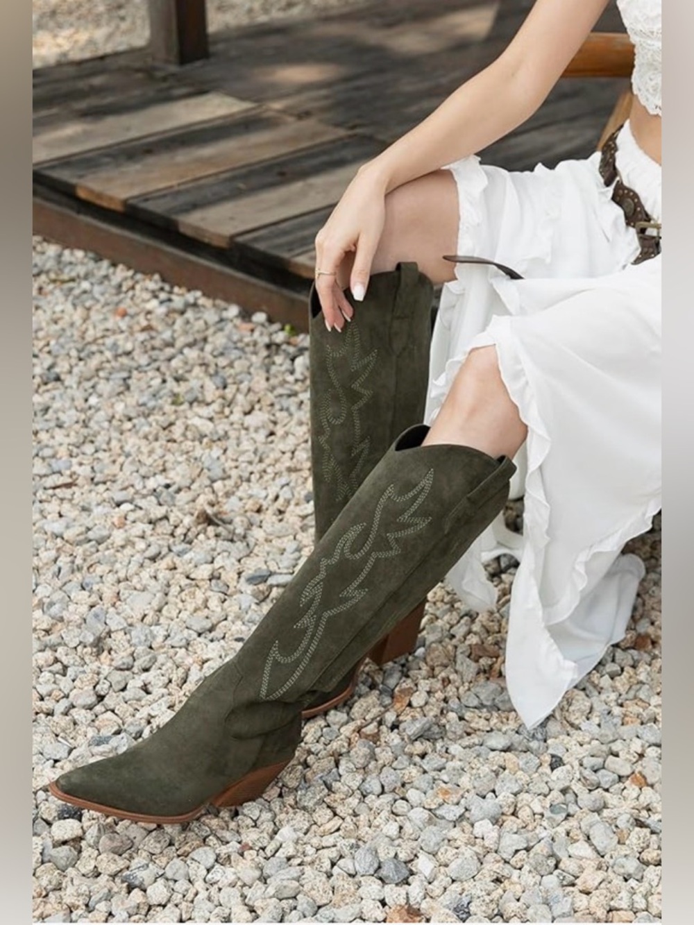 iiimmu Knee High Pointed Toe and Block Cowboy Suede and Faux Leather Boot